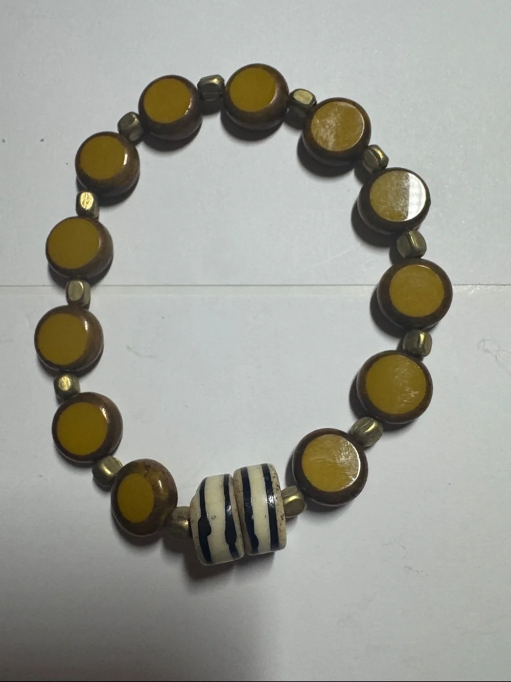 Handmade Mustard Yellow Beaded Stretch Bracelet with Striped Accent